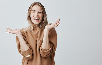 beautiful woman with blonde long hair looking at camera having excited and happy facial expression, Lawrenceville, GA